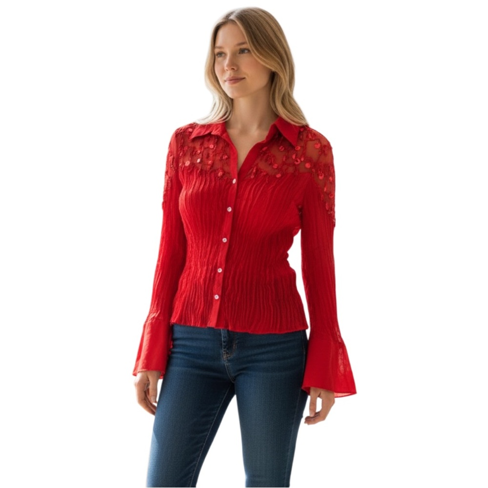 Red Sheer Yoke Button-Front Blouse